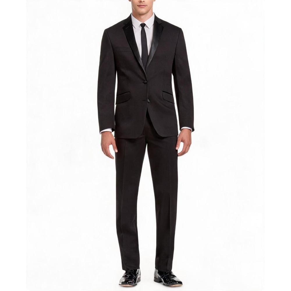 Kenneth Cole Reaction Men 2 Piece Tuxedo 46R 40W Black Slim Fit Wedding Suit NWT